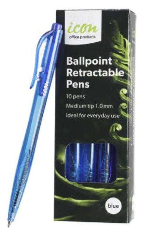 Pack of 10 Icon Blue Ball Point Pens with 1.0mm tips, featuring a comfortable grip and fadeproof ink for everyday writing.