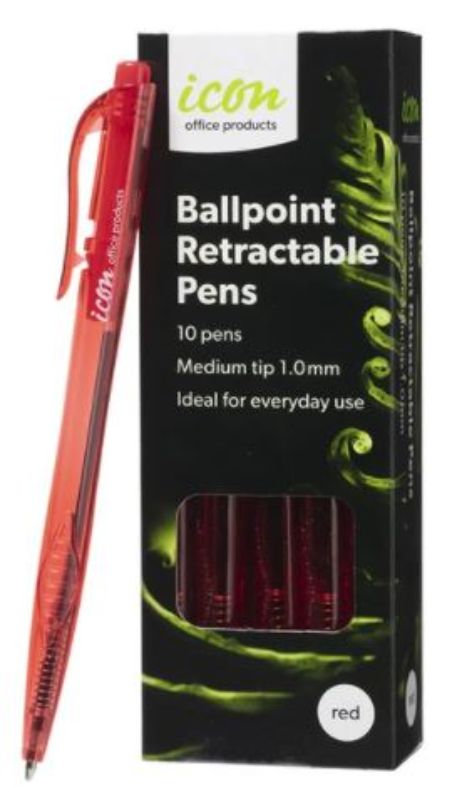Pack of 10 Icon Red Ball Point Pens with 1.0mm tips, featuring a triangular grip and smooth, fadeproof ink flow.
