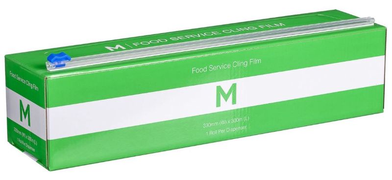 Clear manual cling wrap in a 330mm x 300m roll, featuring a slide cutter for easy food preservation and airtight sealing.