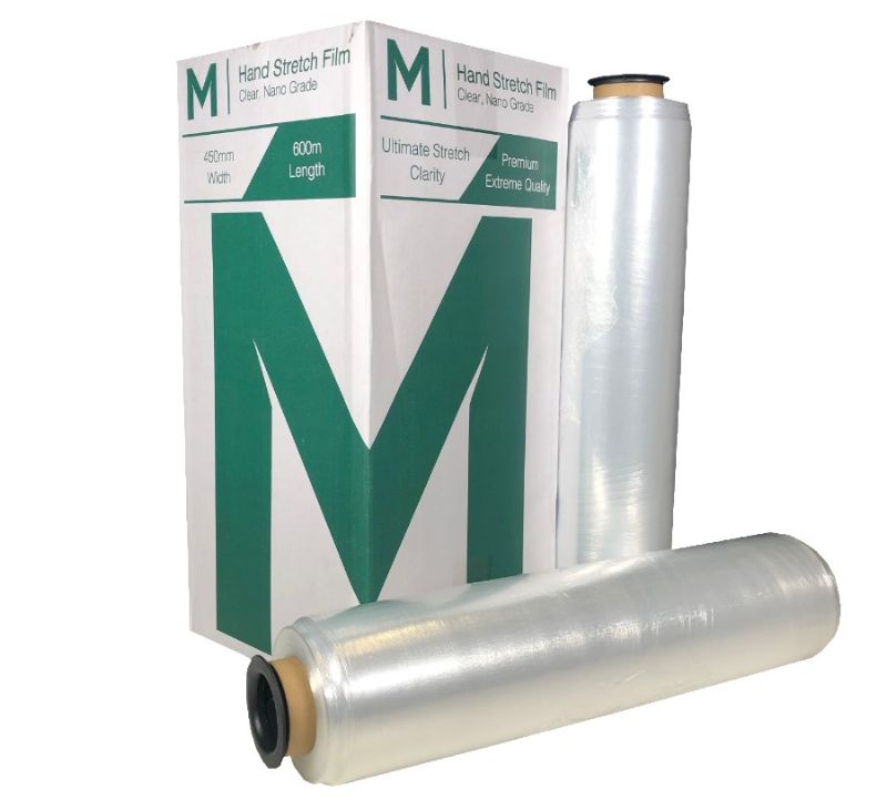 Nano Hand Stretch Film pack of 4, clear 450mm x 600m, lightweight, pre-stretched, ideal for efficient packaging and shipping.