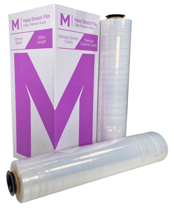 Premium clear hand stretch film pack with four 500mm x 300m rolls, designed for secure and quiet pallet wrapping.