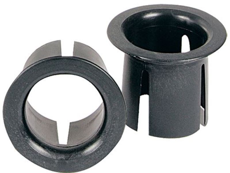 Black plastic hand stretch film end caps for easy dispensing and improved wrapping efficiency; fits all roll sizes (pack of 2).