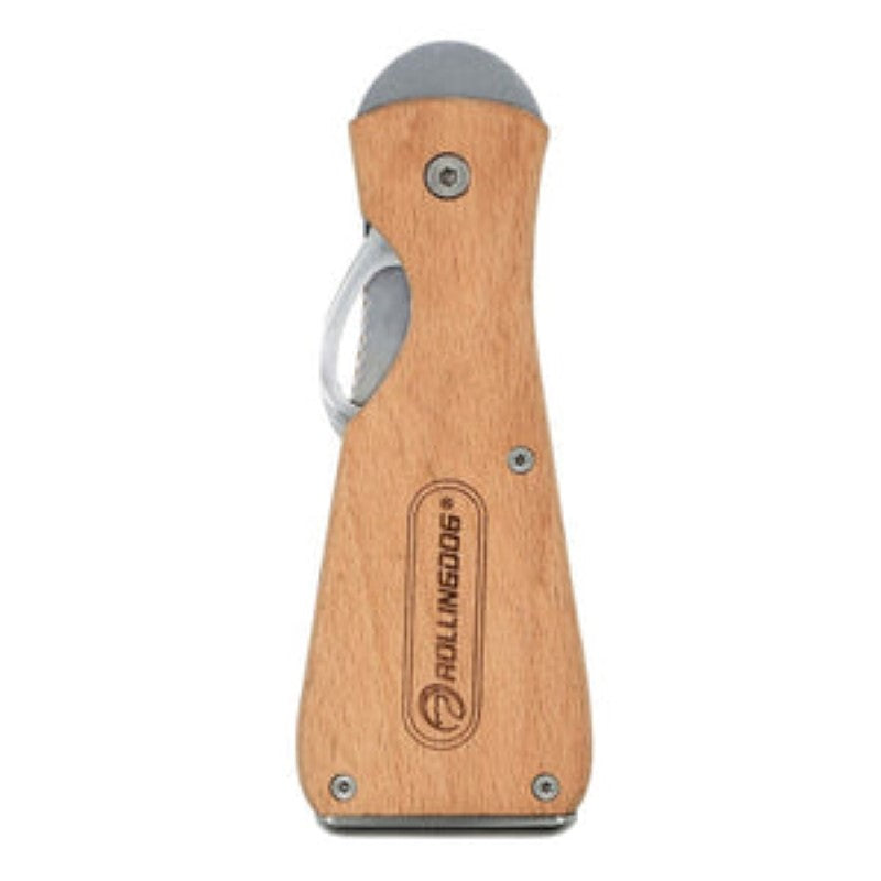 Multifunctional painter's tool with a folding blade, stainless steel, and a beech wood handle for durability and portability.