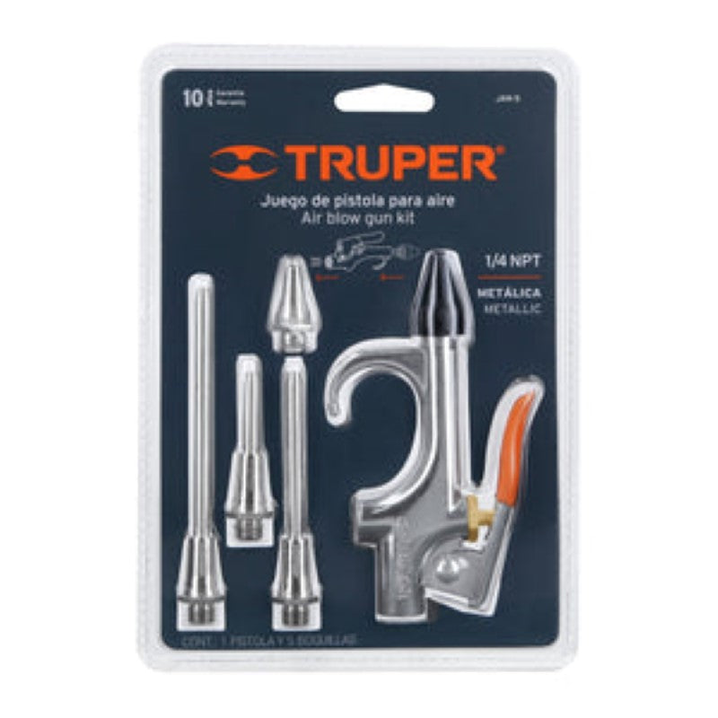 Truper Air Gun with 5 nozzles for efficient cleaning, inflating, and precision blowing, featuring durable 1/4" NPT thread.