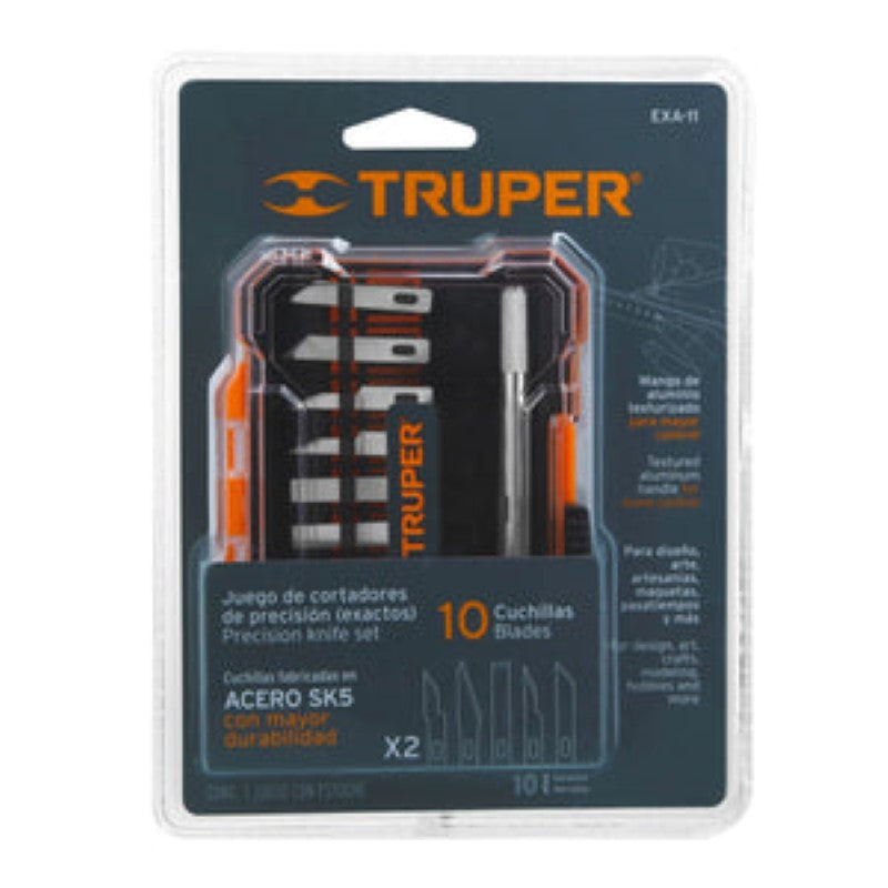 Truper Hobby Knife Set in case with 11 pieces, featuring 10 durable SK5 steel blades and a textured aluminum handle for precision.