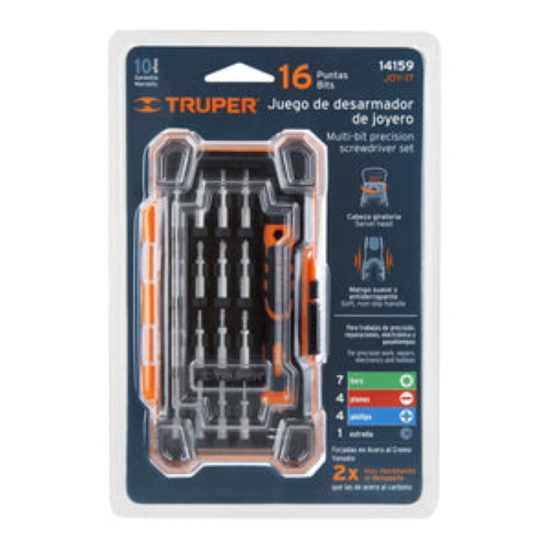 Precision screwdriver set with 16 interchangeable chrome vanadium tips, magnetic holder, swivel head, and ergonomic aluminum handle.