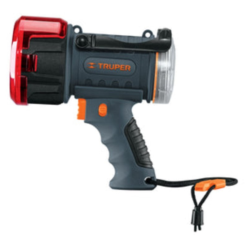 High-power LED rechargeable spotlight with 900 lumens, 455m beam, multiple modes, IP67 waterproof, and 5.5h runtime.