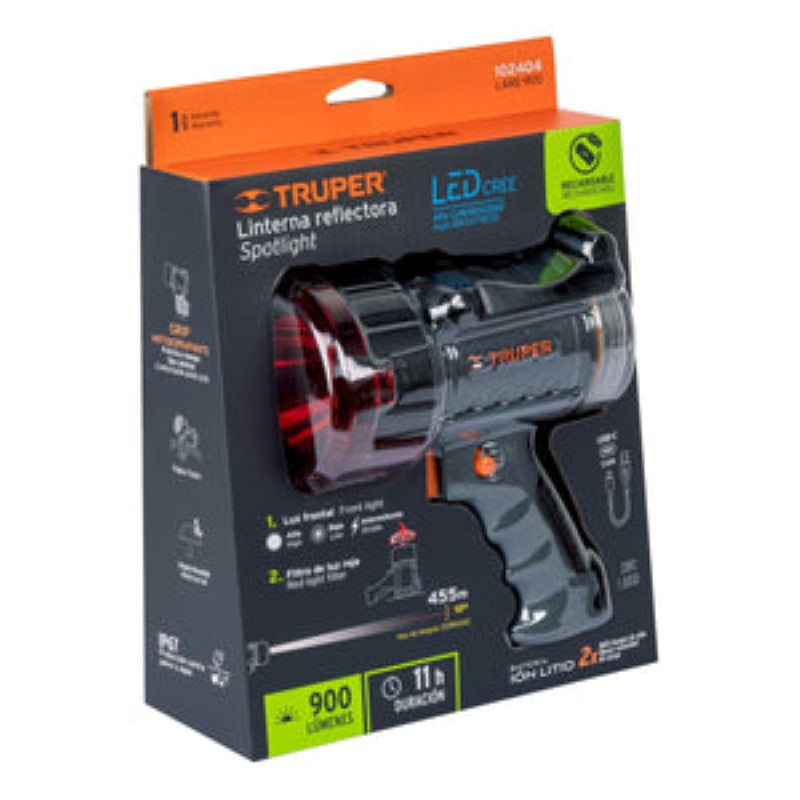 High-power rechargeable LED spotlight, 900 lumens, 455m beam, multiple modes, waterproof, dustproof, long battery life.