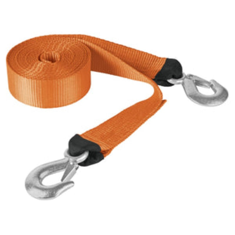 Durable 5.8m tow strap with forged steel hooks, designed for reliable towing and easy storage in included case.