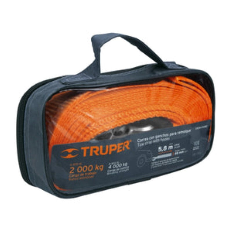 Durable 5.8m tow strap with 48mm width, forged steel hooks, and case for easy storage, ideal for heavy-duty towing.
