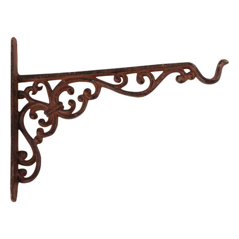 Elegant cast iron hanging hook with curls, perfect for displaying baskets, lanterns, or bird feeders in outdoor spaces.