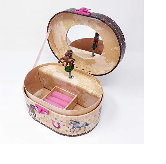 Oval horse musical jewelry box with twirling figurine, perfect for storing precious treasures in style.