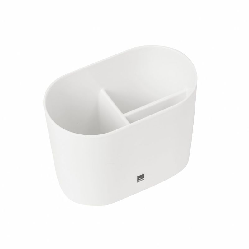 Sleek white Step Toothbrush Holder with three compartments for organized, hygienic storage; durable melamine construction.