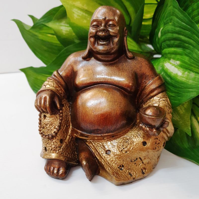 Happy Buddha ornament with ingot, 16cm, symbolizing prosperity and joy for home or office decor.