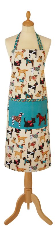 Ulster Weavers cotton apron featuring whimsical hound dogs in scarves on a cream background, with adjustable ties and a turquoise pocket.