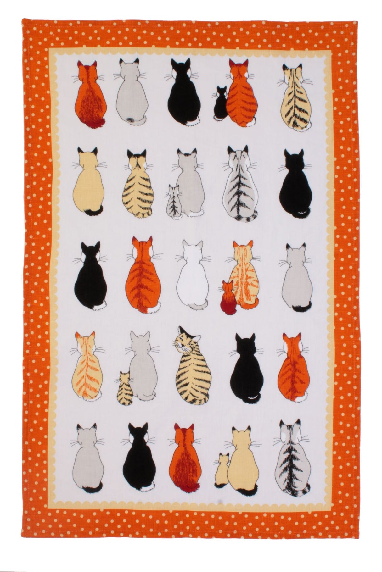 Ulster Weavers cotton tea towel featuring whimsical cats against an orange polka dot contrast, ideal for drying and kitchen decor.