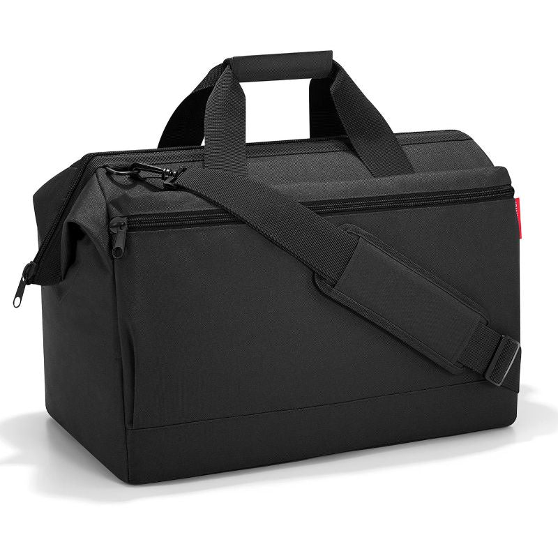 Stylish black All Rounder L Pocket Bag by Reisenthel, featuring 32L capacity, reinforced opening, and convenient trolley attachment.