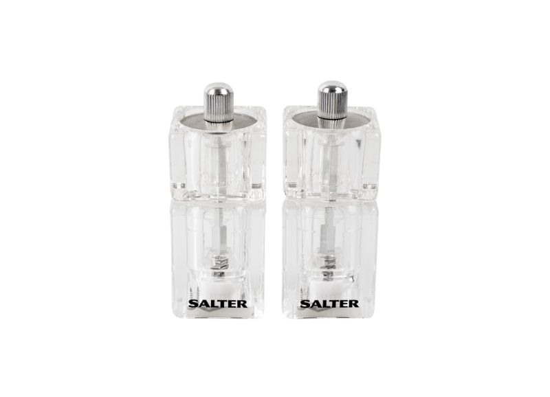 Mini Salt & Pepper Mills Set by Salter with adjustable grind and clear acrylic body for easy refilling and stylish cooking.