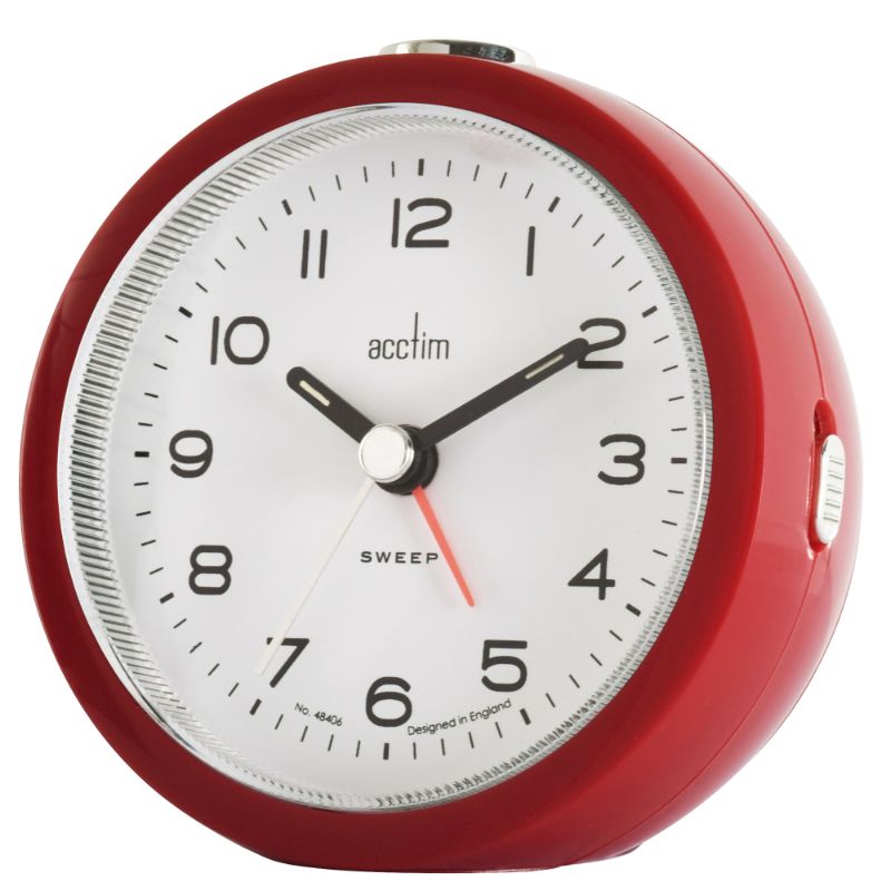 Elegant Shiraz Red Acctim Neve Sweep Alarm Clock with luminous hands and non-ticking design, ideal for peaceful sleep.