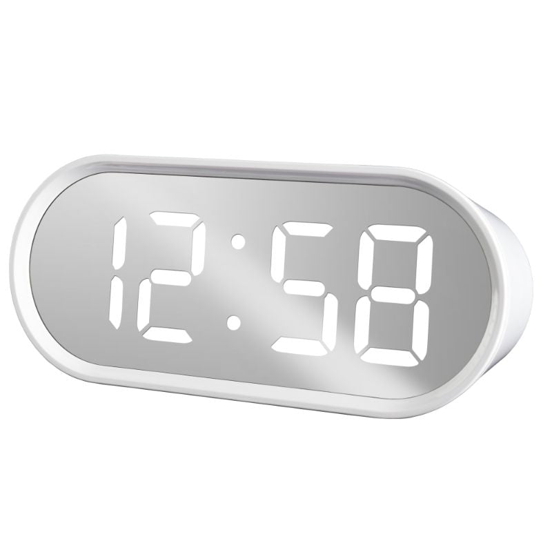 Sleek white LED alarm clock with temperature display, USB charging, and adjustable brightness for bedside convenience.