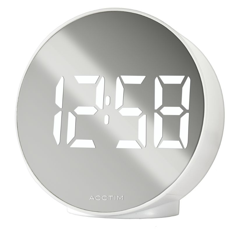 Sleek white LED clock with 1.4" mirrored display, USB charging, temperature display, and crescendo alarm for modern living.