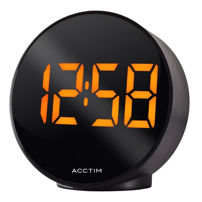 Sleek black 1.4" LED clock with USB and battery options, featuring adjustable brightness, temperature display, and crescendo alarm.