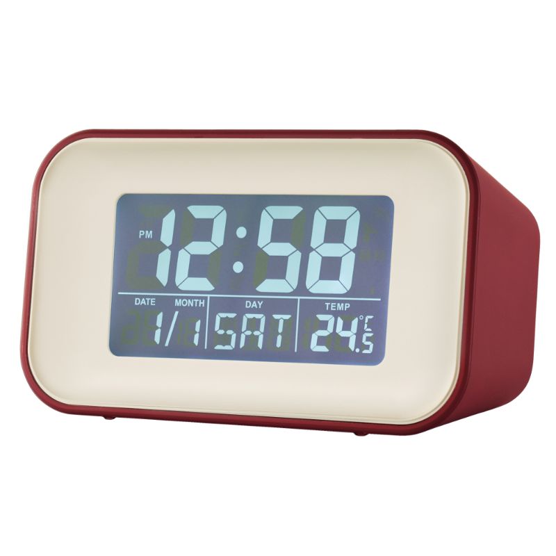 Spice Red LCD alarm clock with reflection display, dual alarm, calendar, and temperature, combining style and functionality.