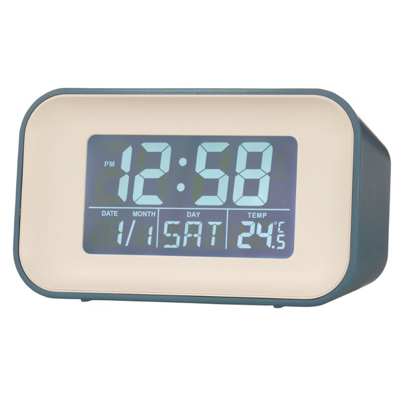 Sleek storm blue LCD alarm clock with reflection display, dual alarms, calendar, and indoor temperature functionality.