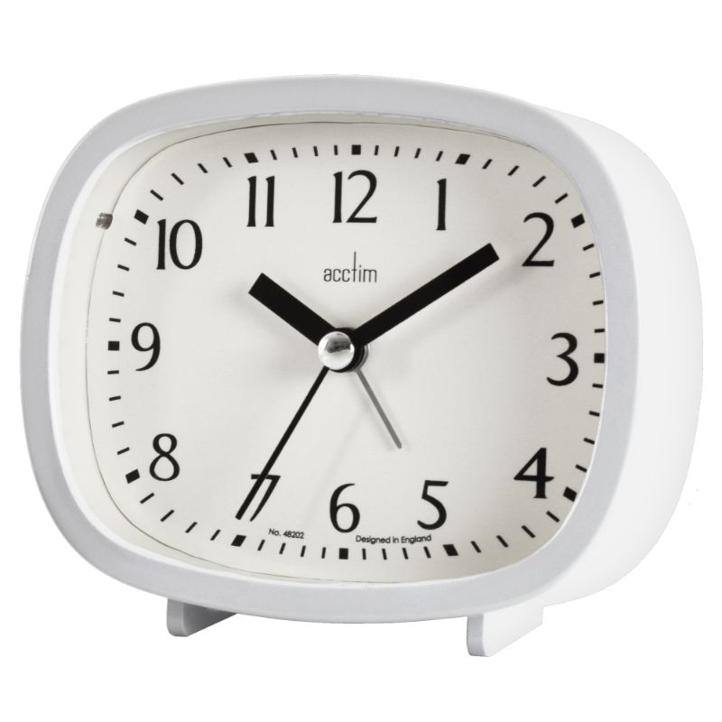 White Acctim Hilda alarm clock with retro design, non-ticking hand, snooze function, and easy-to-read dial.