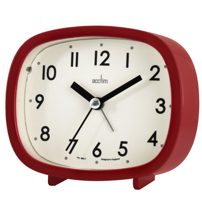 Vintage red Acctim Hilda alarm clock with easy-to-read dial, snooze feature, and non-ticking sweep seconds hand.