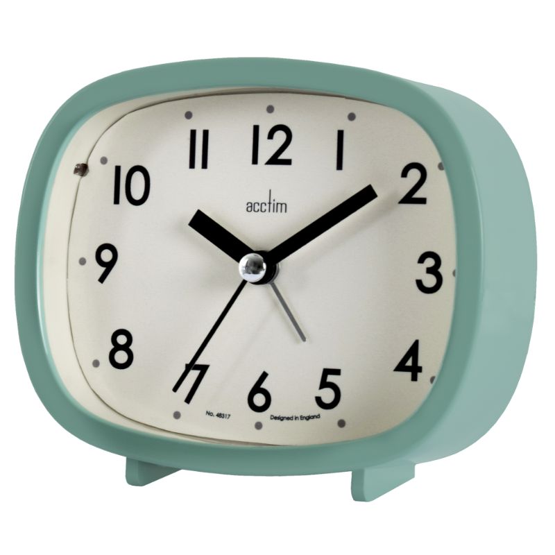 Stylish green alarm clock with retro design, easy-to-read dial, snooze function, and silent sweep second hand for peaceful mornings.