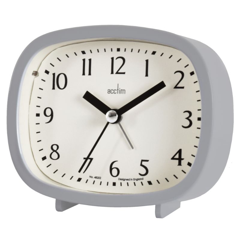 Pigeon Grey Acctim Hilda Alarm Clock with retro design, easy-to-read dial, snooze function, and non-ticking sweep second hand.