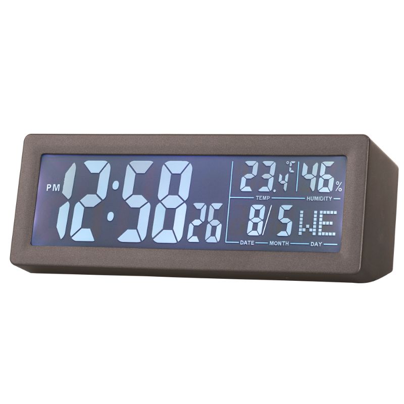 Sleek grey LCD clock with reflection display, touch snooze, and indoor environment monitor functions.