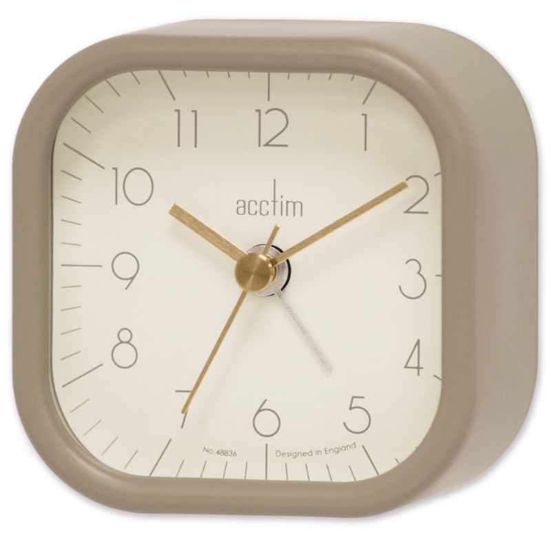 Taupe metal case alarm clock with retro square design, easy-to-read dial, and gentle beep alarm for stylish wake-ups.