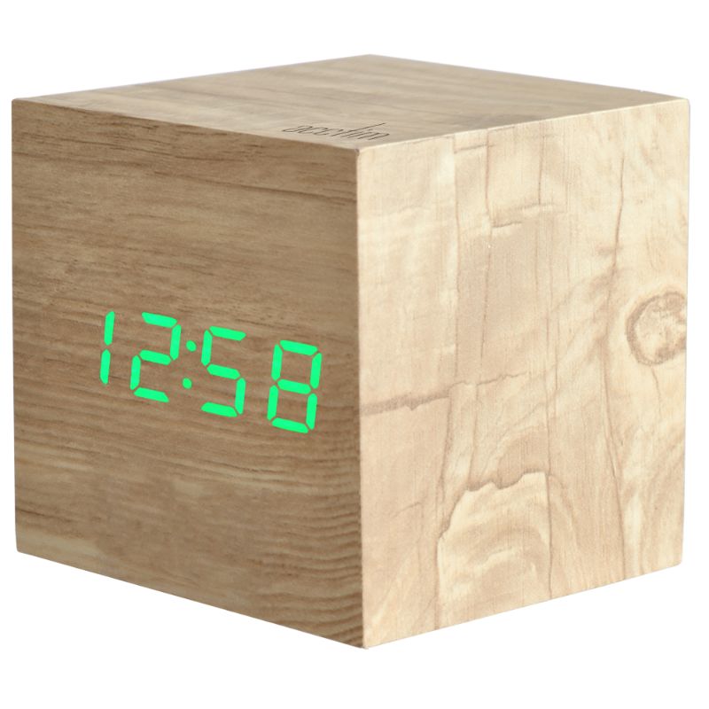 Ash wood LED alarm clock with sound activation, adjustable brightness, temperature display, and USB charging.