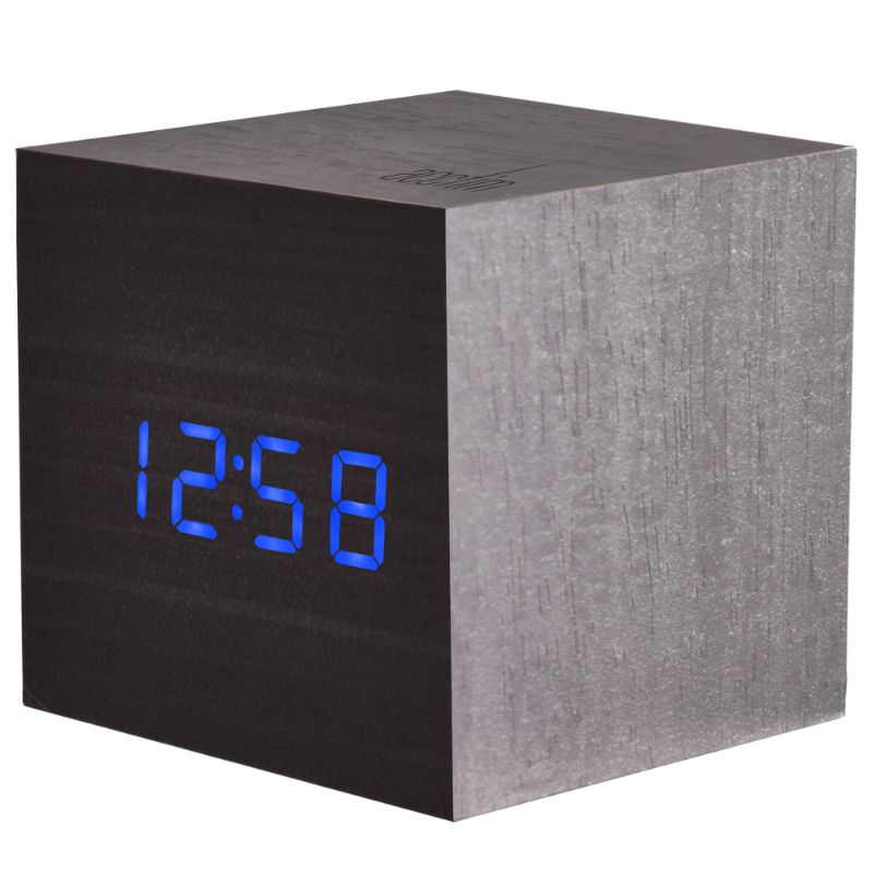 Modern black wood LED alarm clock, features sound-activated display, adjustable brightness, temperature, and USB charging.