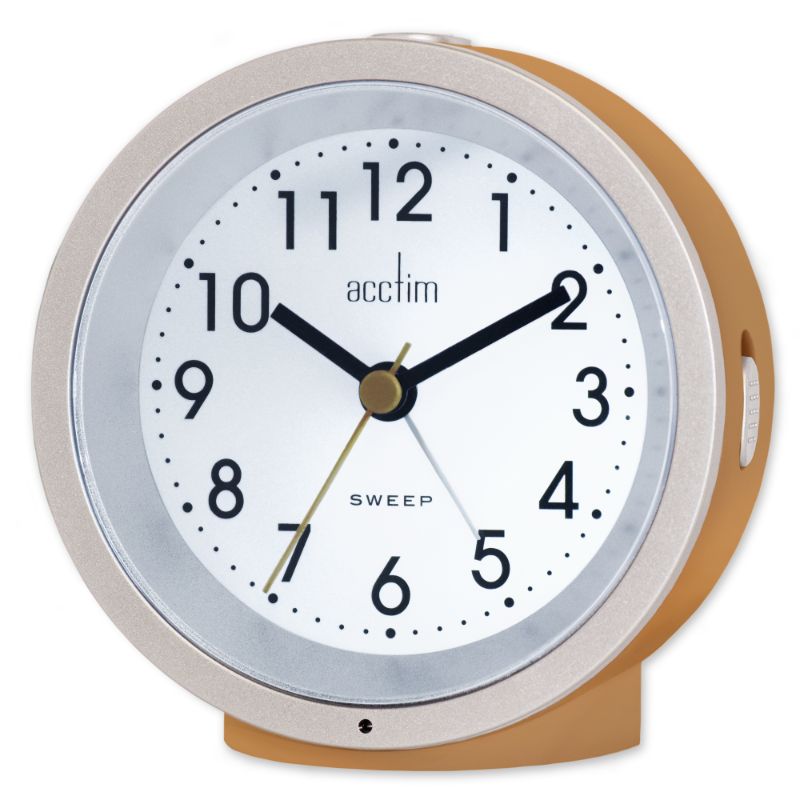 Stylish Dijon Yellow alarm clock with Smartlite® technology, non-ticking sweep hand, and clear Arabic numbers for easy reading.