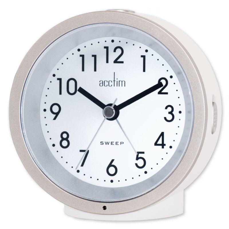 Sleek white analogue alarm clock with Smartlite technology, silent sweep second hand, and elegant design for easy night viewing.