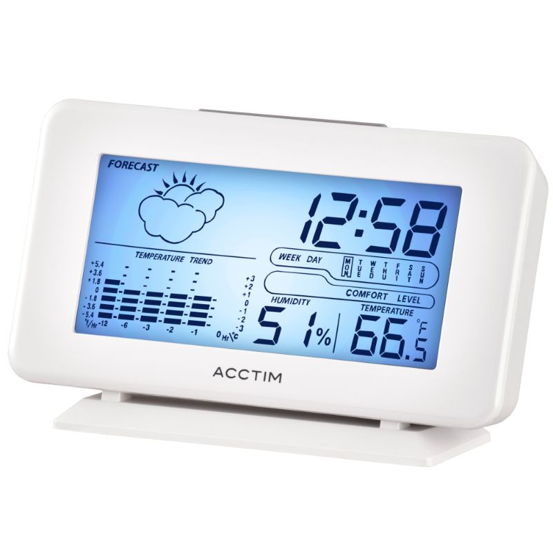 Sleek white LCD weatherstation clock displaying time, indoor temperature, and weather trends; perfect for home or office.
