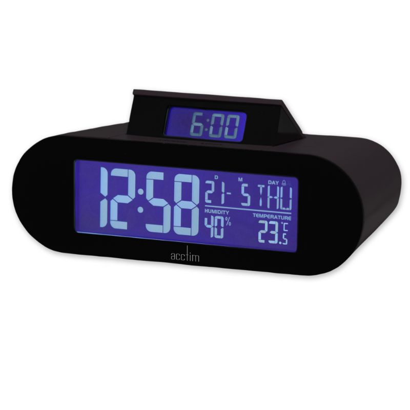 Sleek Soot Black LCD alarm clock with pop-up display, humidity, temperature, and multi-language calendar features.