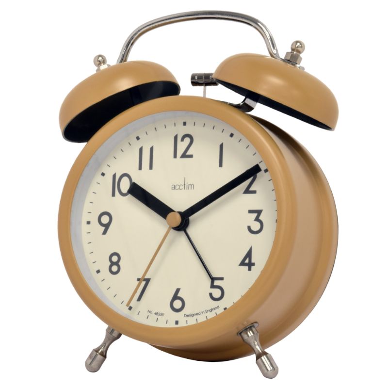Vintage-style Acctim Hardwick Dijon Double Bell Alarm Clock in cheerful yellow with chrome accents, designed for modern functionality.