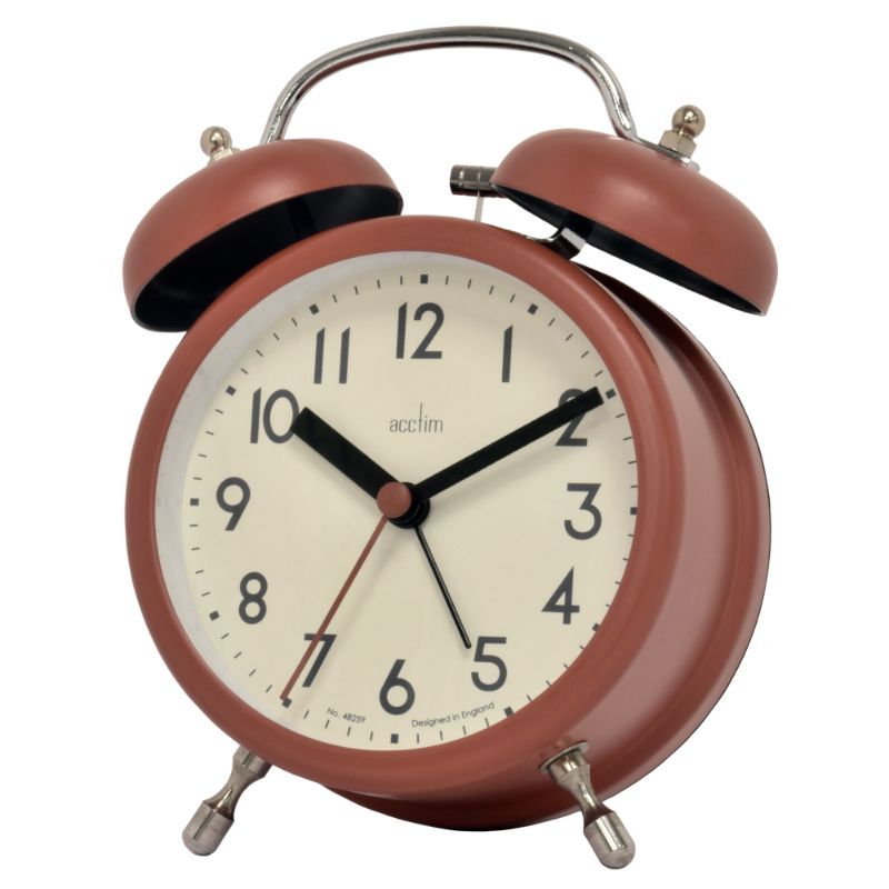 Soft coral double bell alarm clock with a vintage metal case, chrome accents, and precision quartz movement for accurate timekeeping.