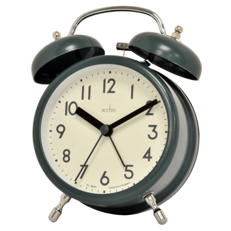 Lotus green double bell alarm clock with chrome accents, retro design, and easy-to-read face for stylish and reliable waking.