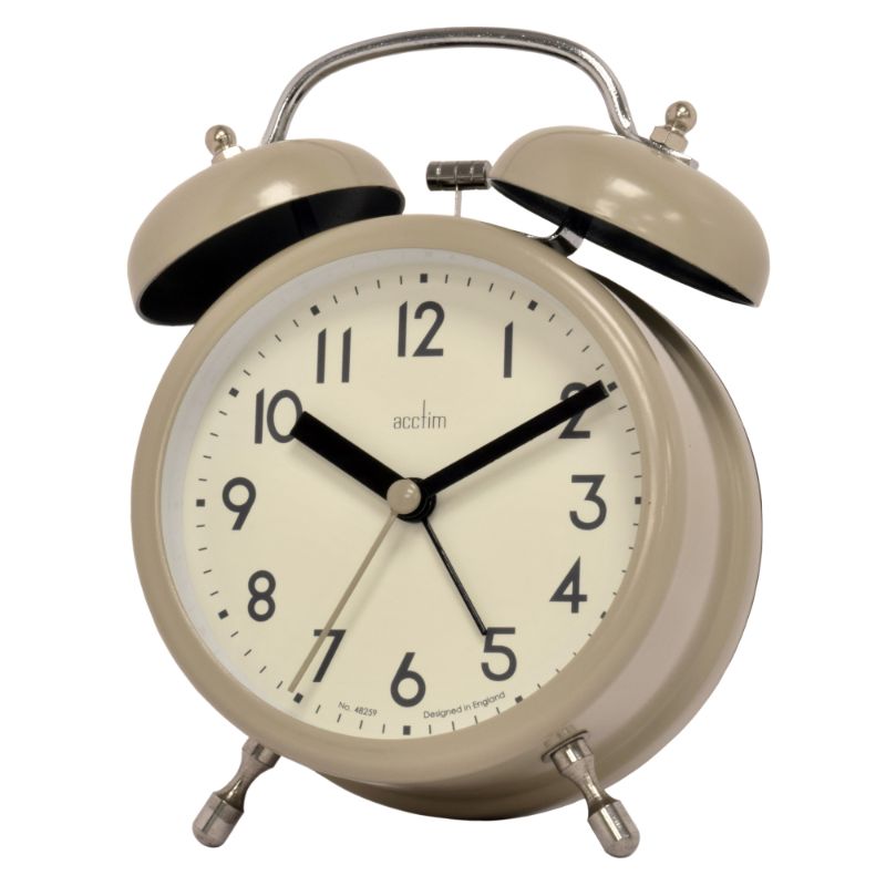 Taupe double bell alarm clock with chrome accents, clear glass lens, and retro design for stylish, reliable timekeeping.