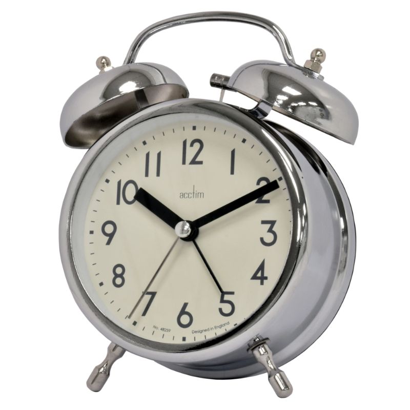 Chrome double bell alarm clock with retro design, painted metal case, and glass lens; perfect for stylish wake-ups.