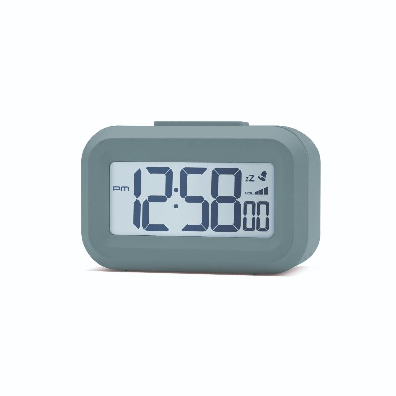 Compact mineral blue LCD alarm clock with a bright backlight, snooze feature, and adjustable volume control.