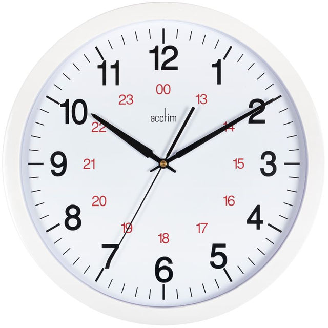Sleek 35.5cm white wall clock with 12/24 hour dial and quartz movement, perfect for any modern decor.