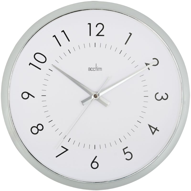 Sleek 30cm white wall clock with non-ticking sweep hand, chromed case, and modern design, perfect for any room.