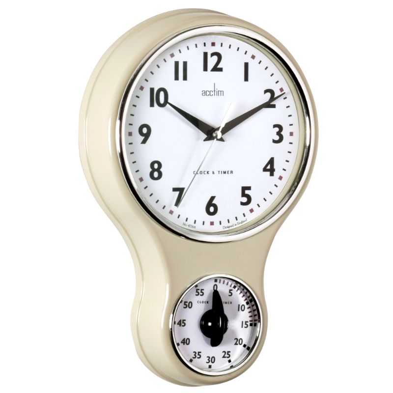 Cream retro wall clock with one-hour timer, durable case, and quartz movement, perfect for any kitchen décor.