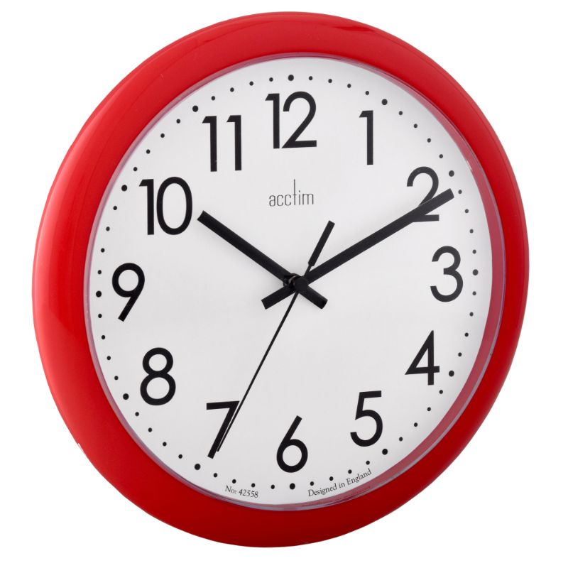 Glossy red wall clock with quartz movement, sleek plastic lens, and modern design, perfect for any contemporary interior.